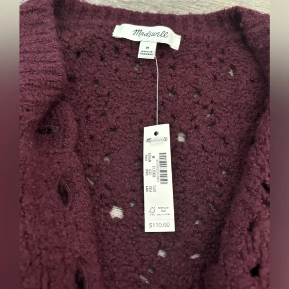 Madewell Pointelle-Stitch Cardigan Cotton Blend in Dark Pomegranate Size Medium - Picture 4 of 10